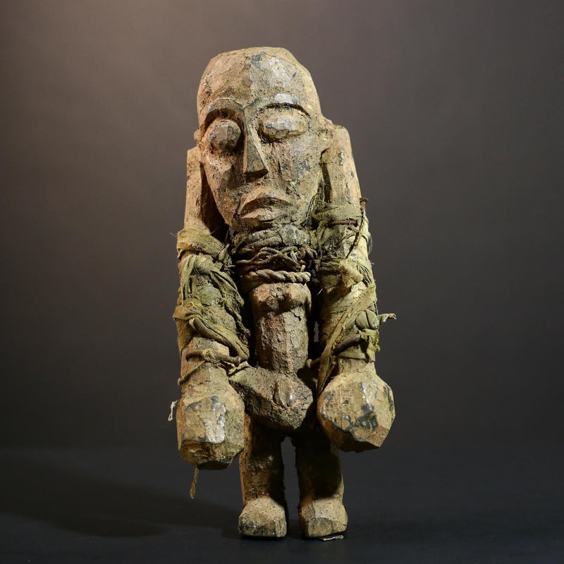 African Songye fetish figure wood sculpture power carving tribal statue ritual art Congo magic doll protection totem fiber bound decor-G5374