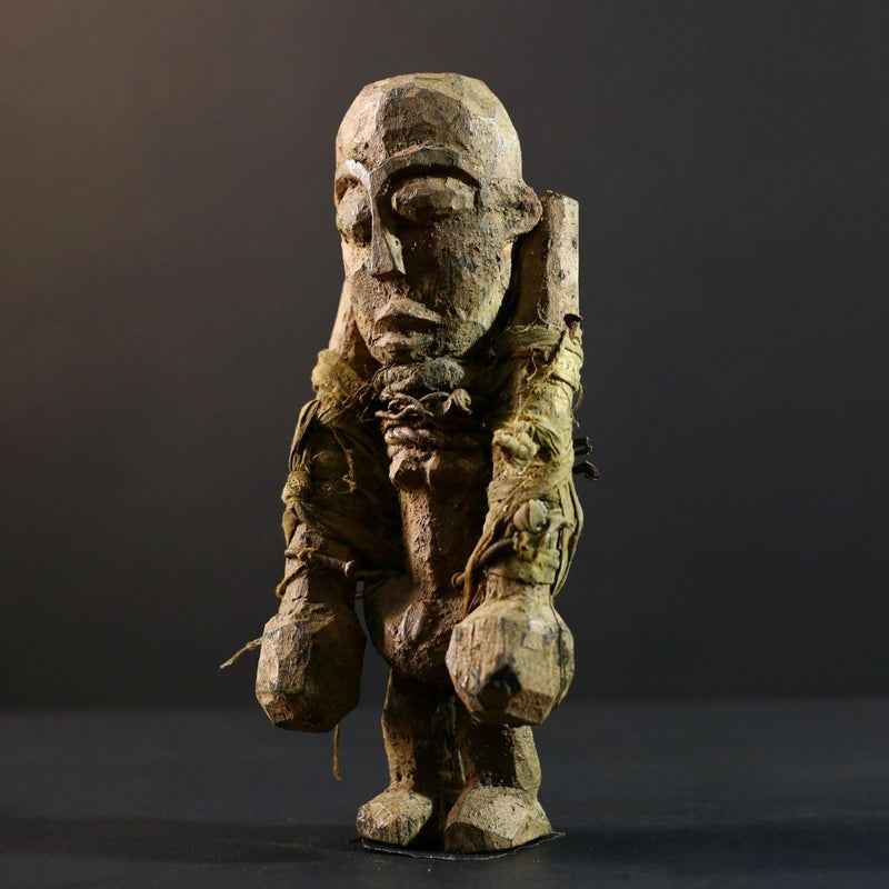 African Songye fetish figure wood sculpture power carving tribal statue ritual art Congo magic doll protection totem fiber bound decor-G5374