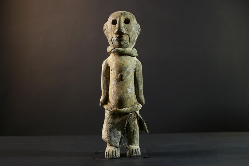 African Songye statue wood ancestor figure tribal spirit art Congo ritual carving handmade sculpture hollow eyes symbolic charm decor-G5373