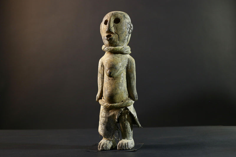African Songye statue wood ancestor figure tribal spirit art Congo ritual carving handmade sculpture hollow eyes symbolic charm decor-G5373