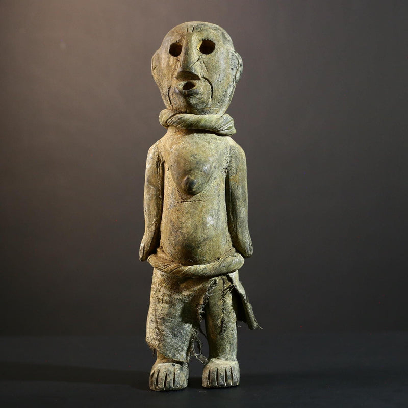 African Songye statue wood ancestor figure tribal spirit art Congo ritual carving handmade sculpture hollow eyes symbolic charm decor-G5373