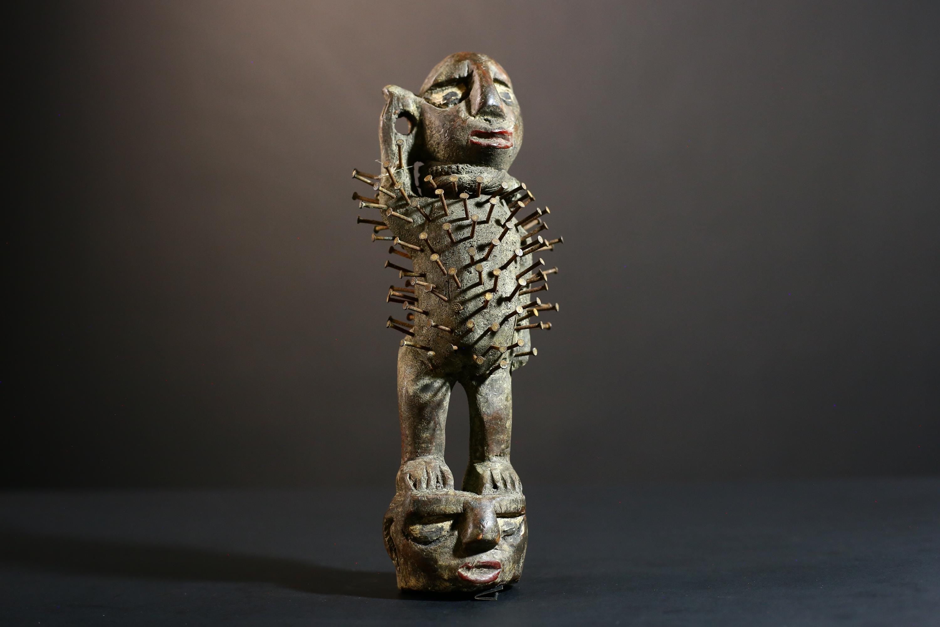 African Nkisi Nkondi power figure nailed wood sculpture tribal Congo charm protective fetish carving ritual totem symbolic nail statue-G5372