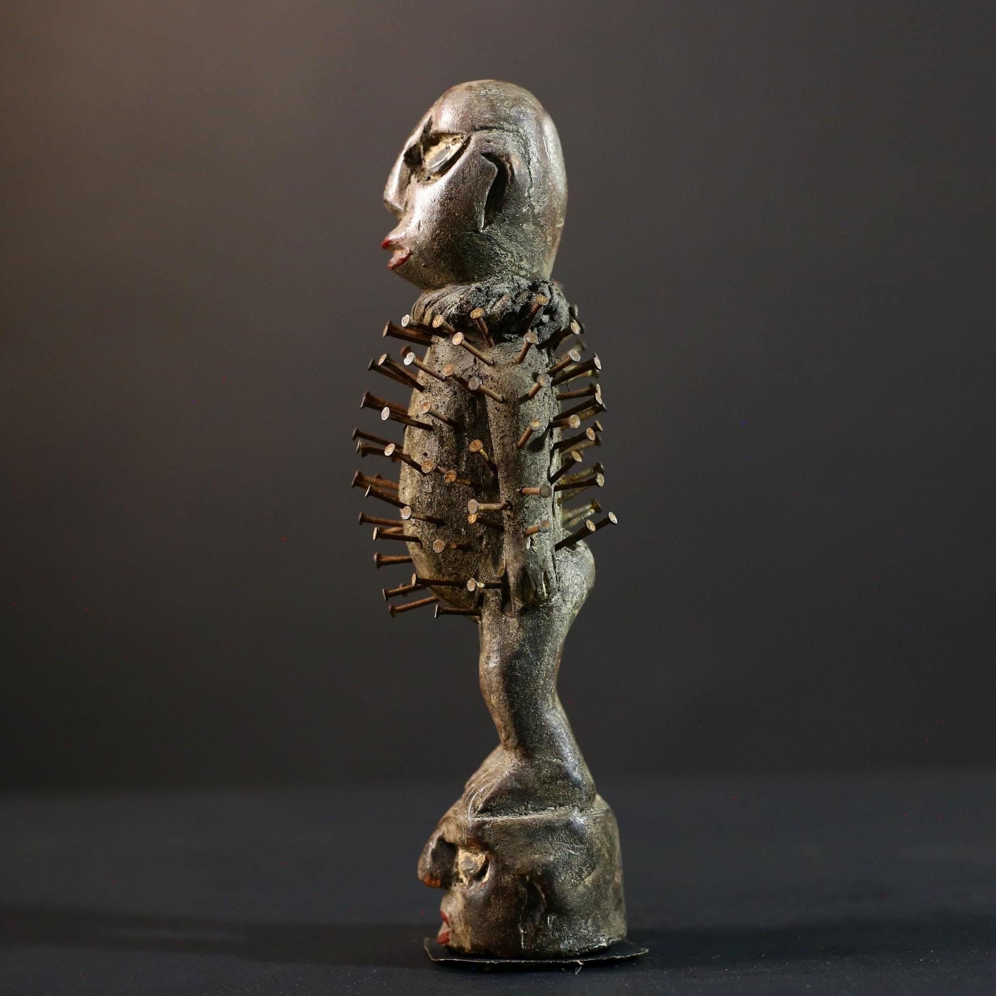 African Nkisi Nkondi power figure nailed wood sculpture tribal Congo charm protective fetish carving ritual totem symbolic nail statue-G5372