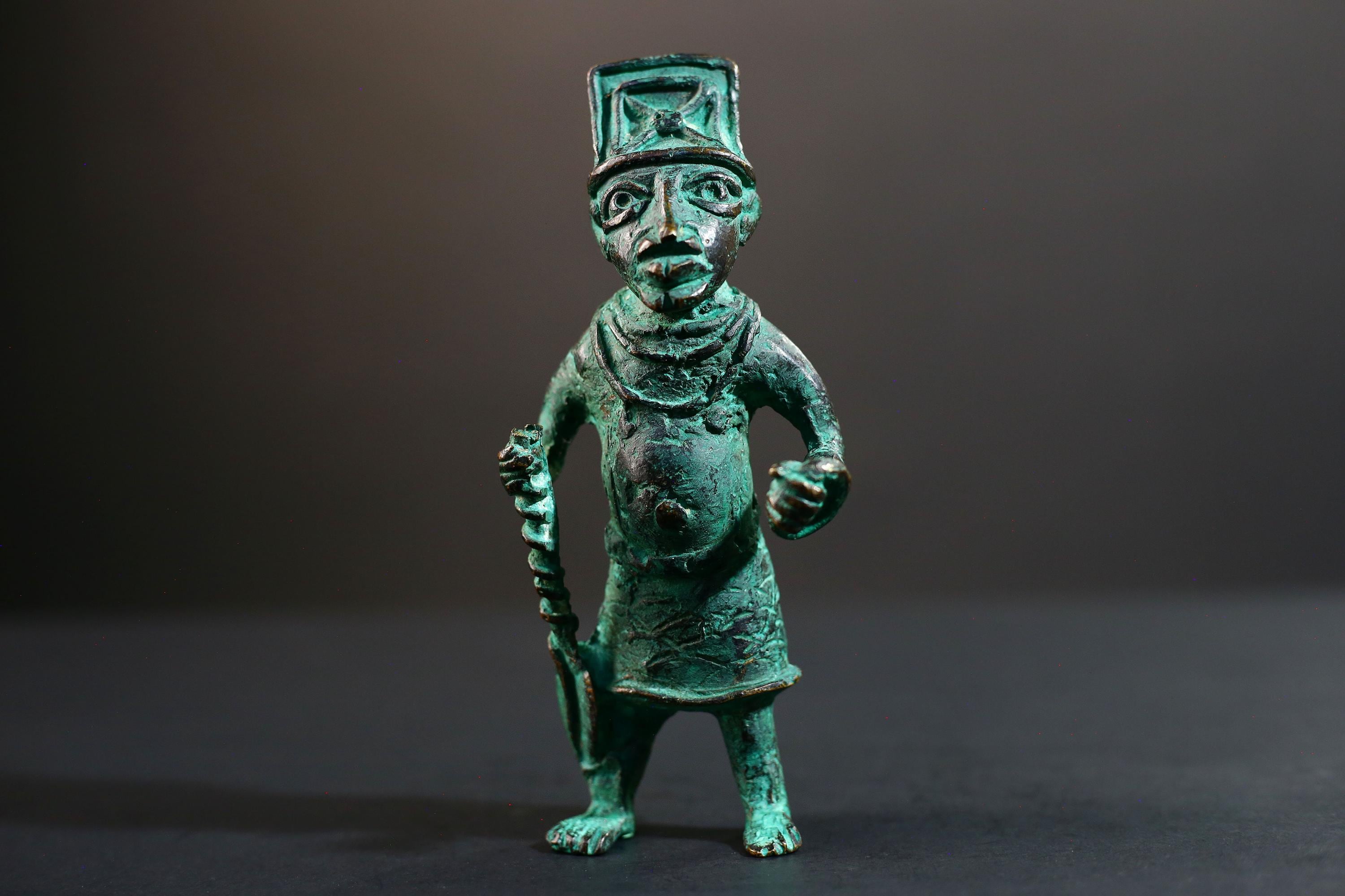 African Benin bronze warrior figure tribal Nigerian statue green patina cast sculpture handmade art weapon decor tribal man figurine-G5369