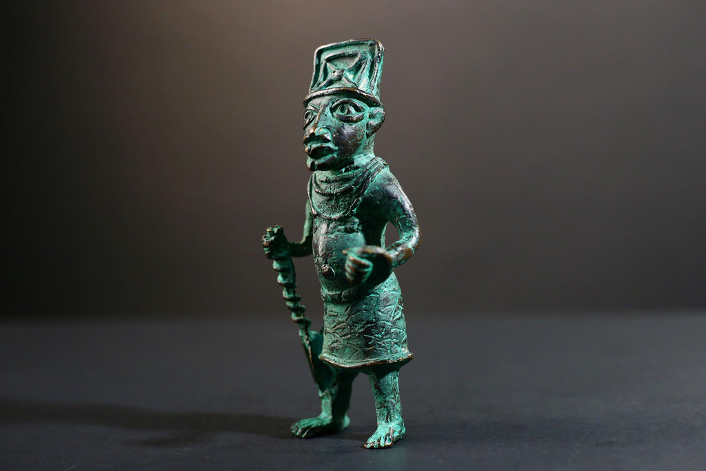 African Benin bronze warrior figure tribal Nigerian statue green patina cast sculpture handmade art weapon decor tribal man figurine-G5369