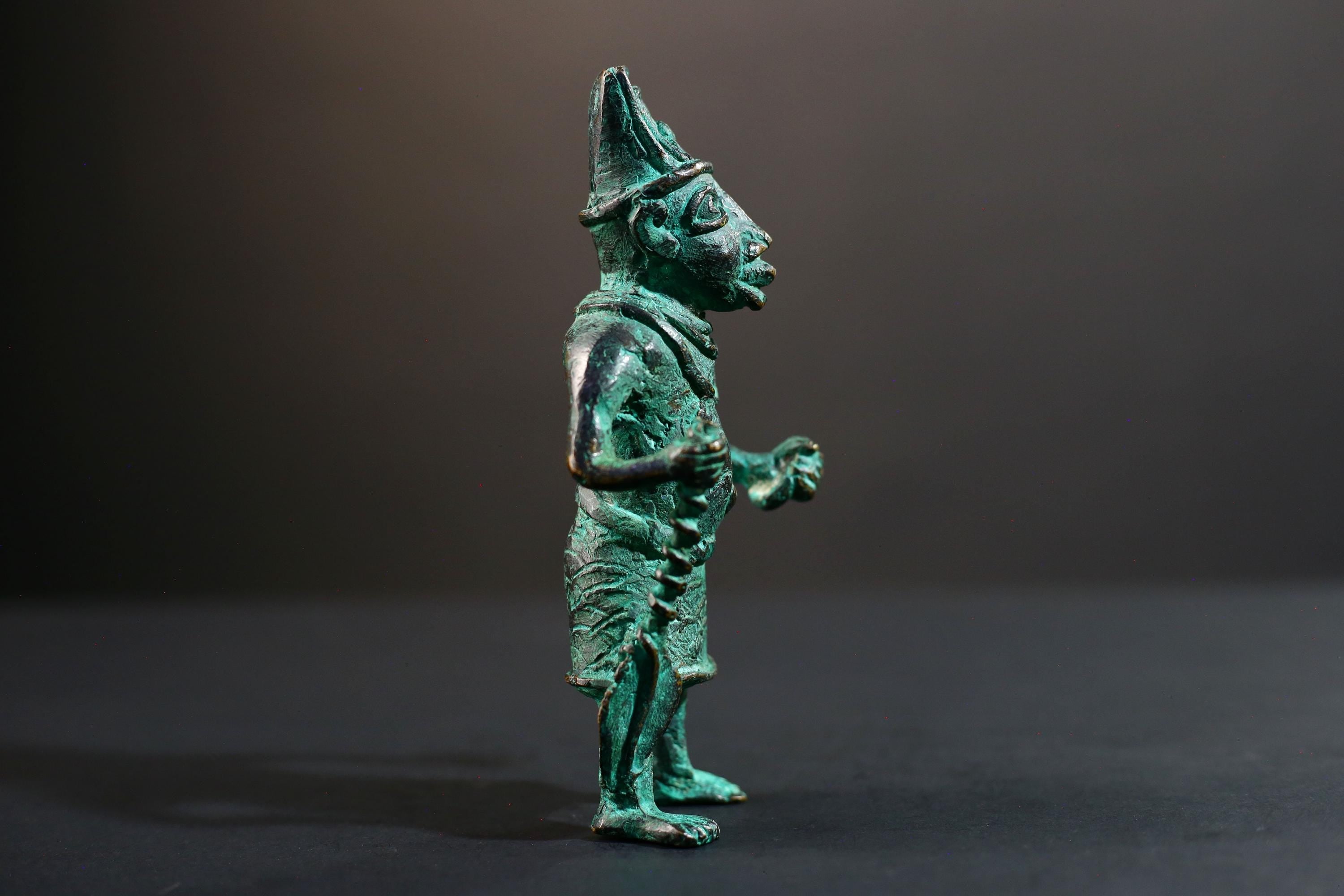 African Benin bronze warrior figure tribal Nigerian statue green patina cast sculpture handmade art weapon decor tribal man figurine-G5369