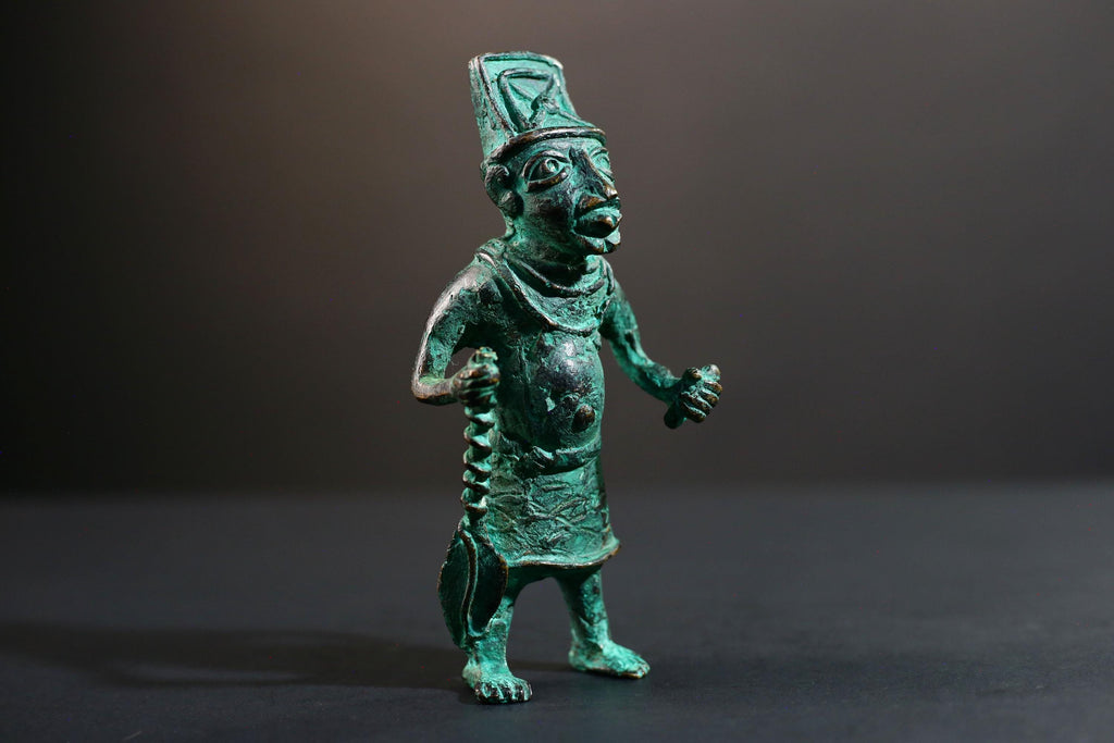 African Benin bronze warrior figure tribal Nigerian statue green patina cast sculpture handmade art weapon decor tribal man figurine-G5369