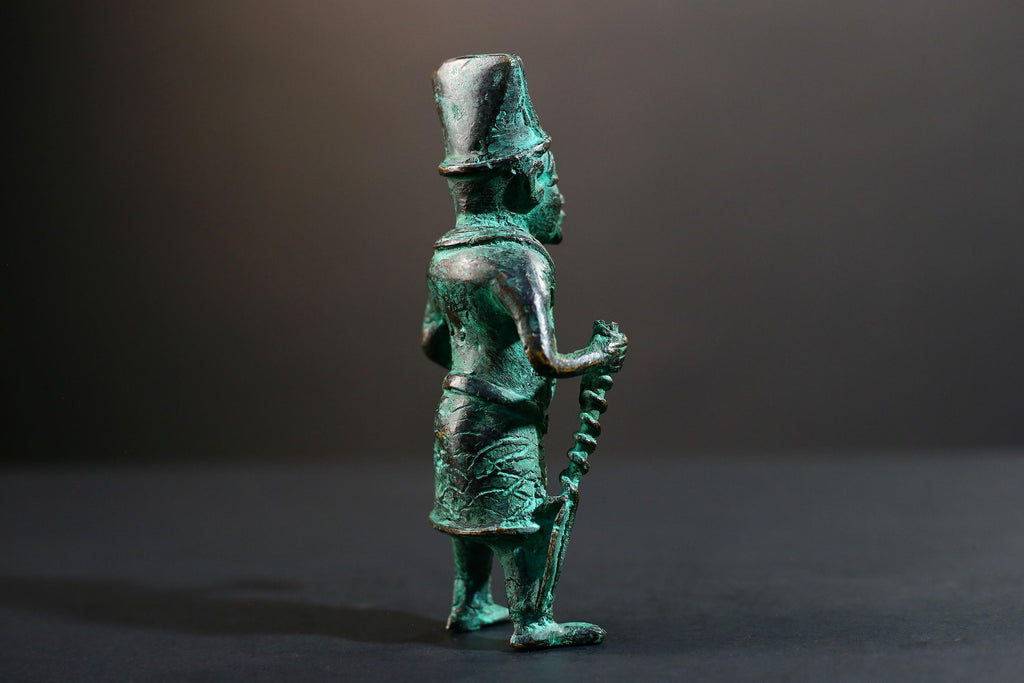 African Benin bronze warrior figure tribal Nigerian statue green patina cast sculpture handmade art weapon decor tribal man figurine-G5369