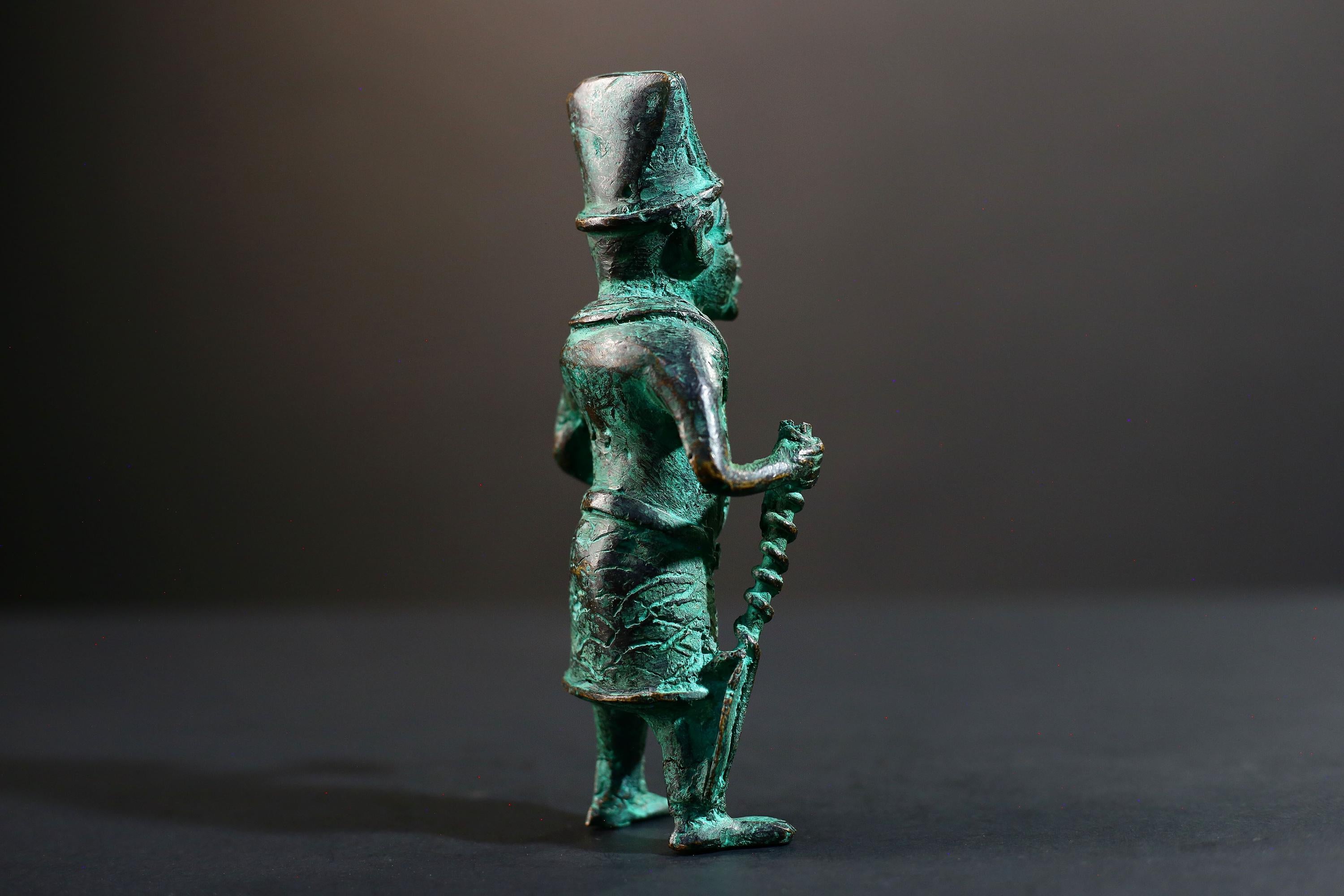 African Benin bronze warrior figure tribal Nigerian statue green patina cast sculpture handmade art weapon decor tribal man figurine-G5369