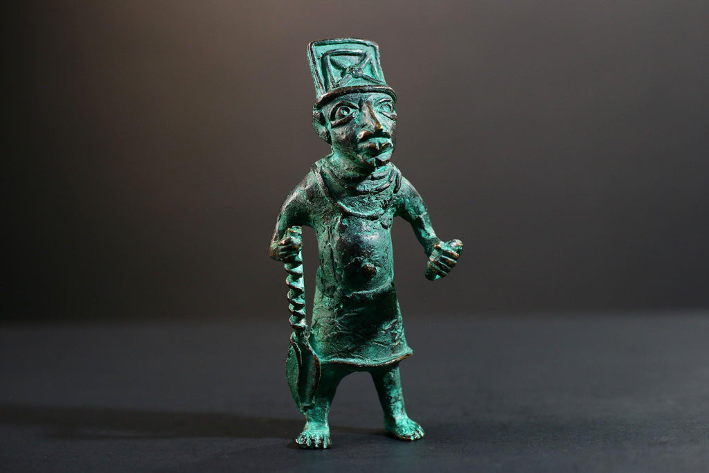 African Benin bronze warrior figure tribal Nigerian statue green patina cast sculpture handmade art weapon decor tribal man figurine-G5369
