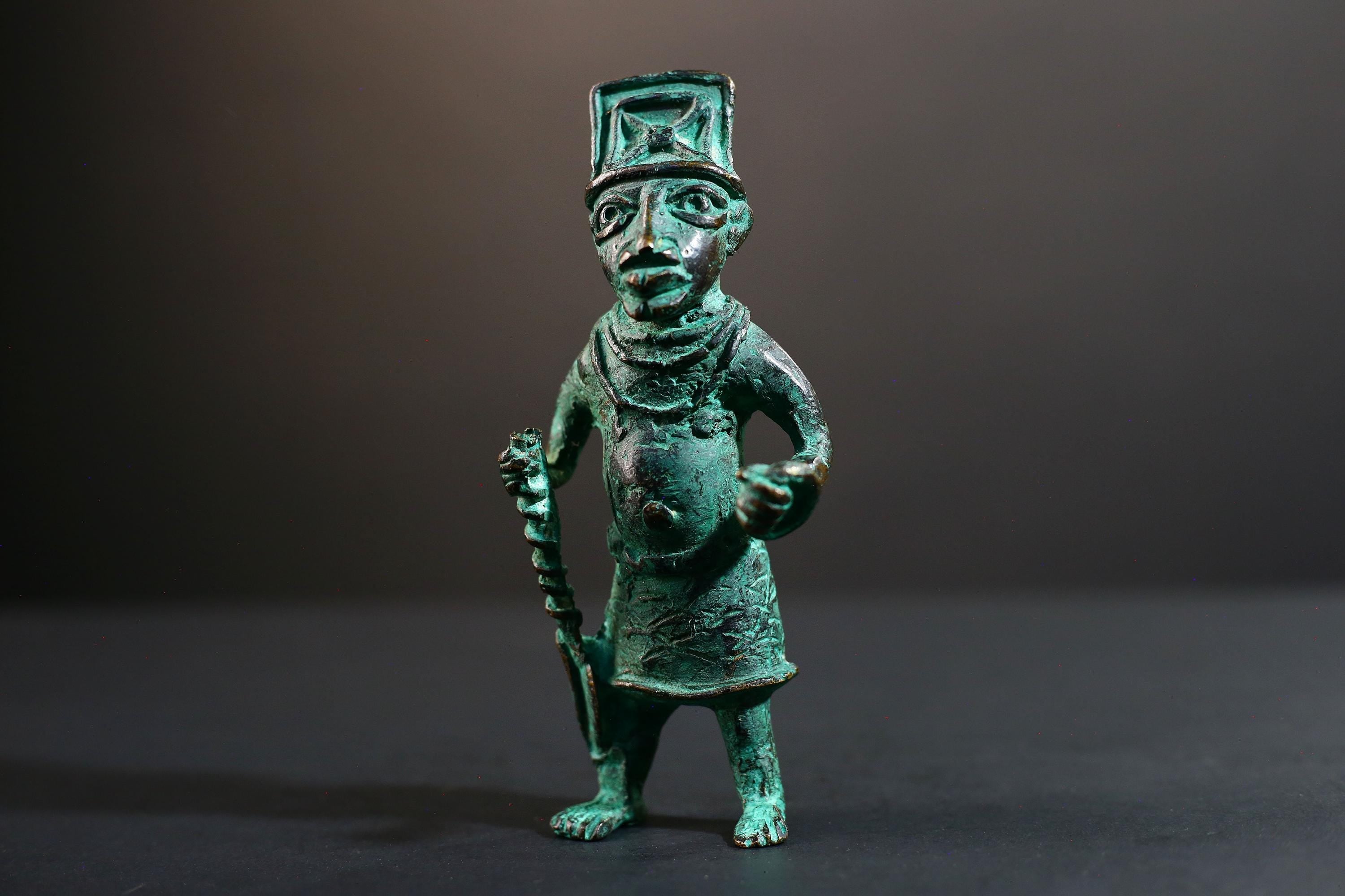 African Benin bronze warrior figure tribal Nigerian statue green patina cast sculpture handmade art weapon decor tribal man figurine-G5369
