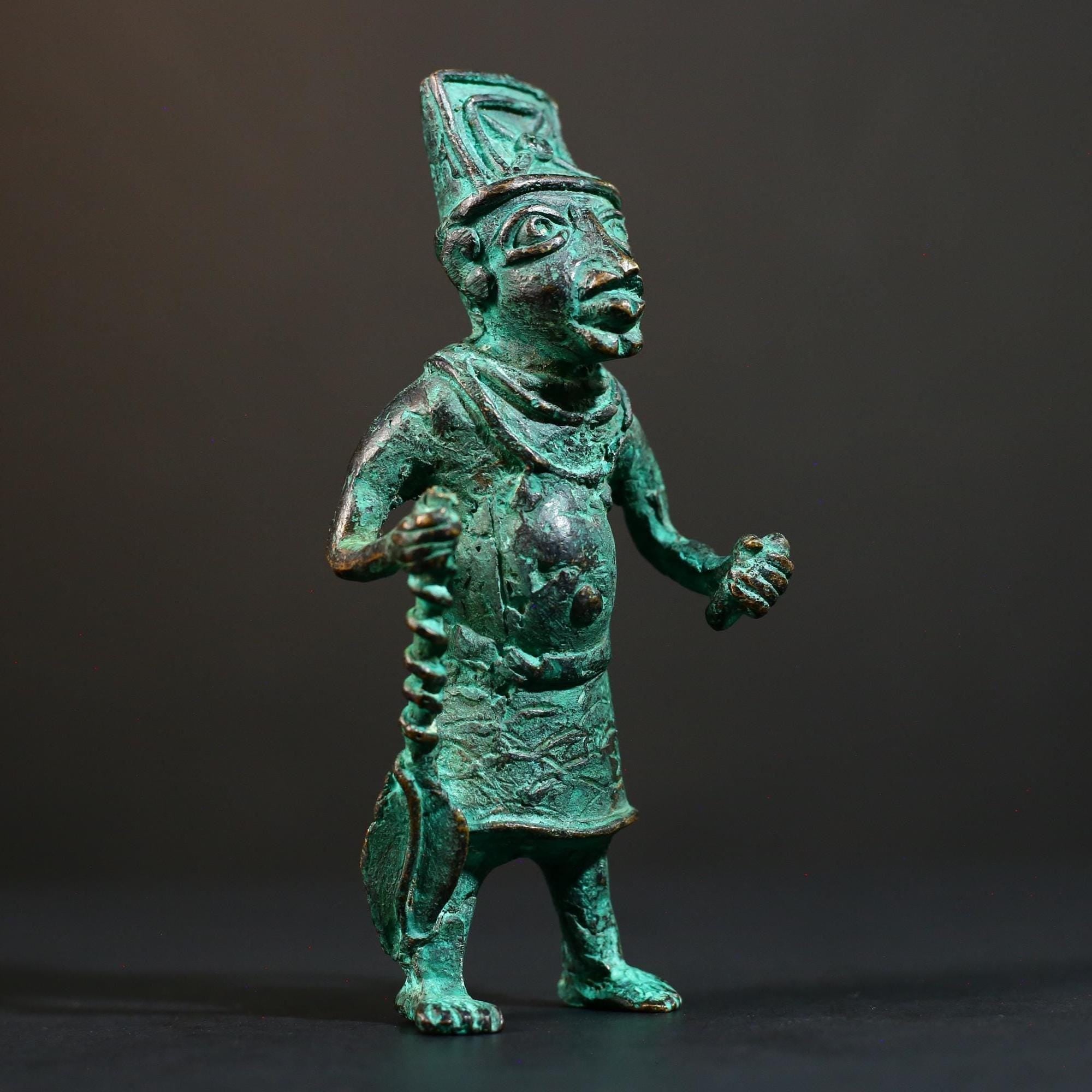 African Benin bronze warrior figure tribal Nigerian statue green patina cast sculpture handmade art weapon decor tribal man figurine-G5369