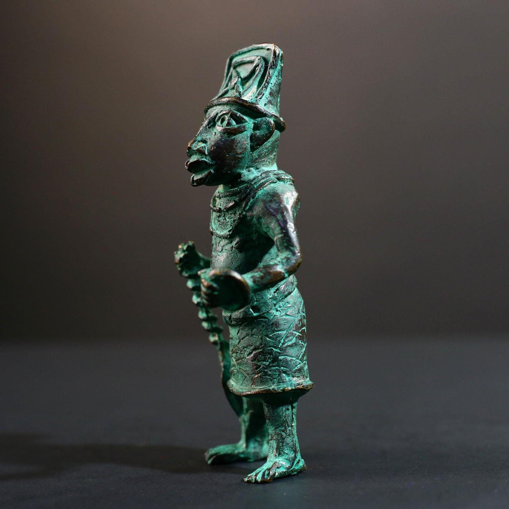 African Benin bronze warrior figure tribal Nigerian statue green patina cast sculpture handmade art weapon decor tribal man figurine-G5369
