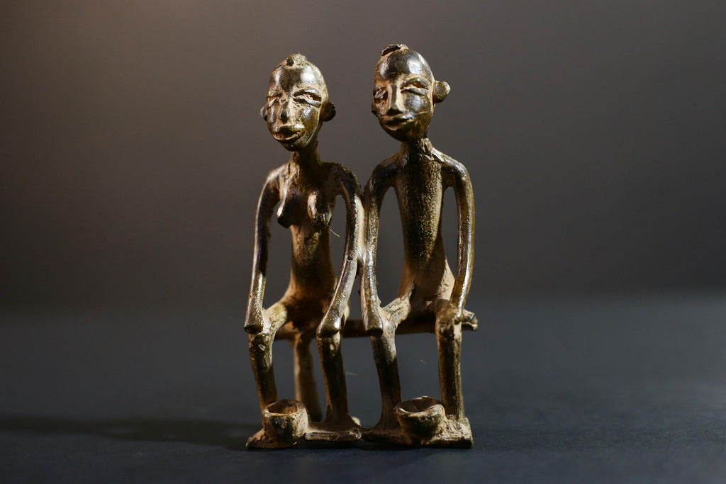 African bronze couple statue tribal seated figures handmade bronze Lobi Baule style fertility altar sculpture spiritual ethnic decor-G5368