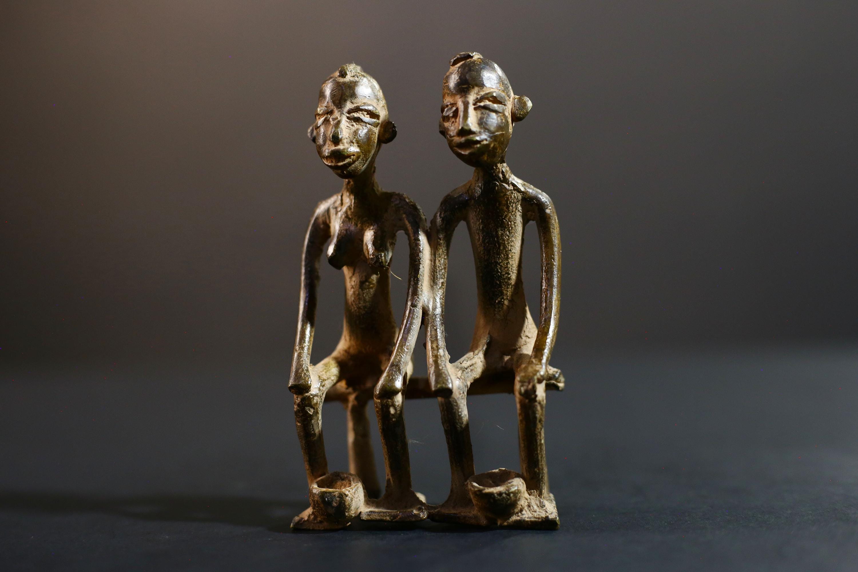 African bronze couple statue tribal seated figures handmade bronze Lobi Baule style fertility altar sculpture spiritual ethnic decor-G5368