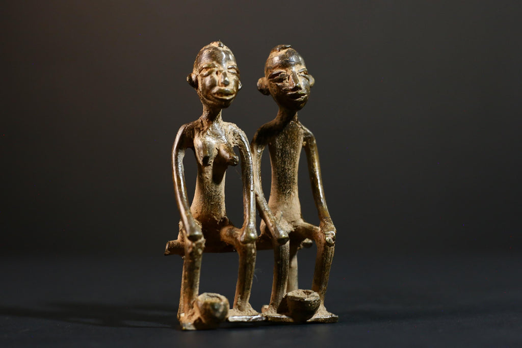 African bronze couple statue tribal seated figures handmade bronze Lobi Baule style fertility altar sculpture spiritual ethnic decor-G5368