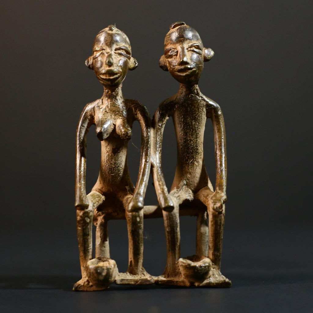African bronze couple statue tribal seated figures handmade bronze Lobi Baule style fertility altar sculpture spiritual ethnic decor-G5368