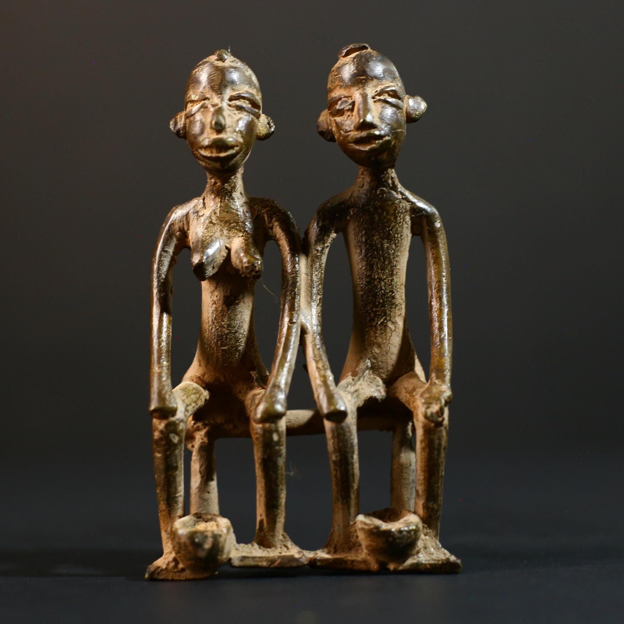 African bronze couple statue tribal seated figures handmade bronze Lobi Baule style fertility altar sculpture spiritual ethnic decor-G5368