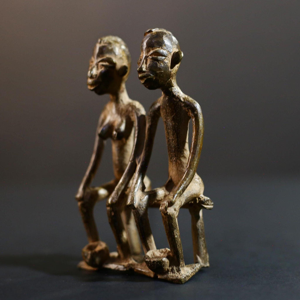 African bronze couple statue tribal seated figures handmade bronze Lobi Baule style fertility altar sculpture spiritual ethnic decor-G5368
