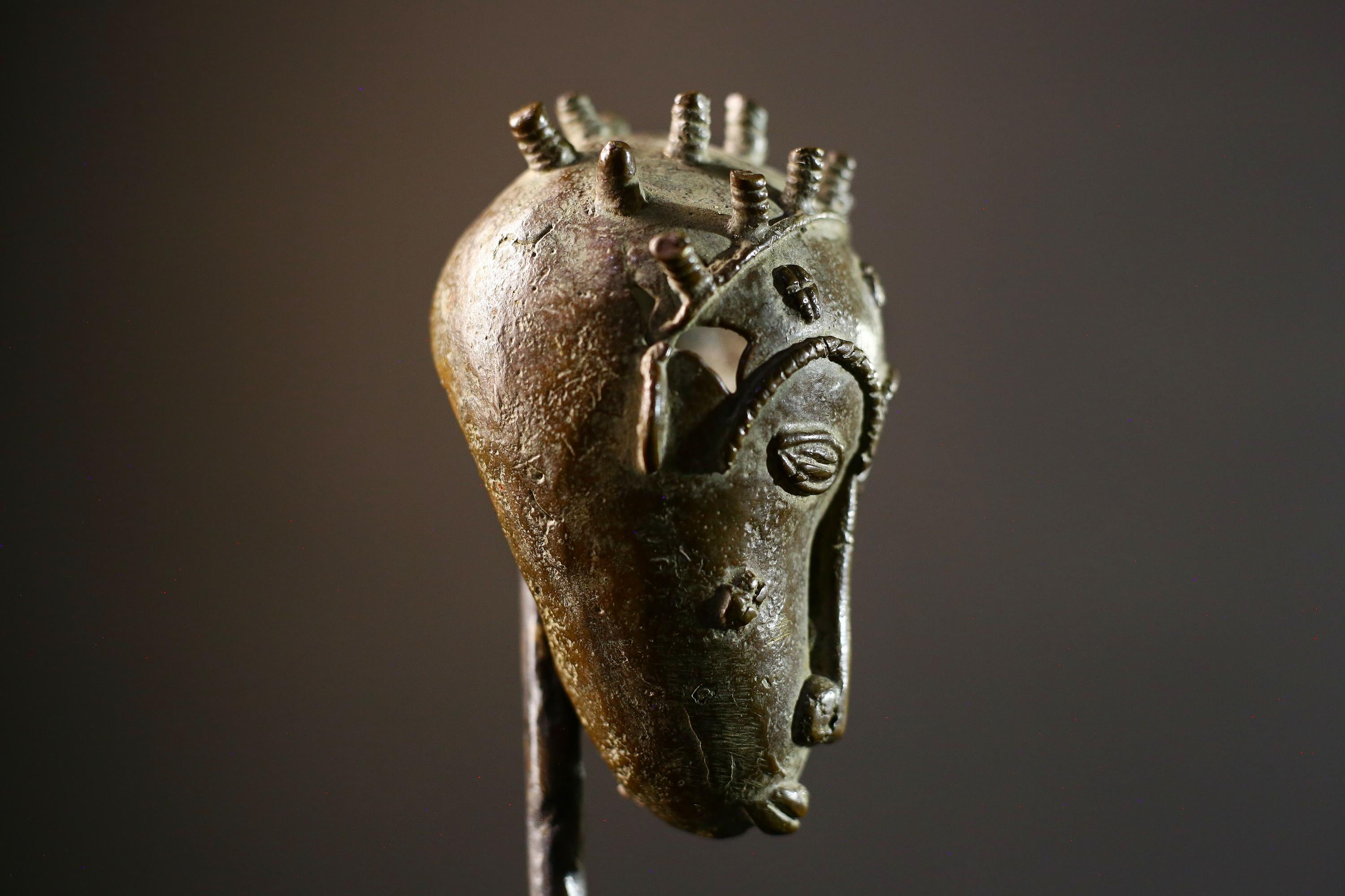 African bronze tribal head sculpture Baule style spiked crown scarified face miniature handmade ethnic figure altar art patina decor-G5367