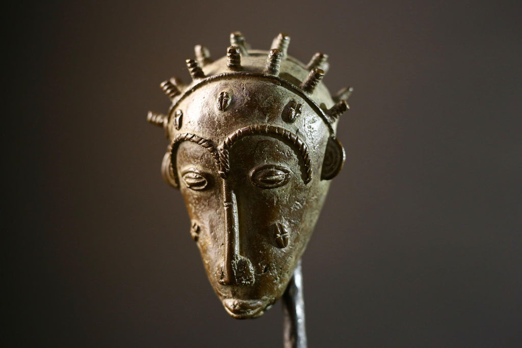 African bronze tribal head sculpture Baule style spiked crown scarified face miniature handmade ethnic figure altar art patina decor-G5367