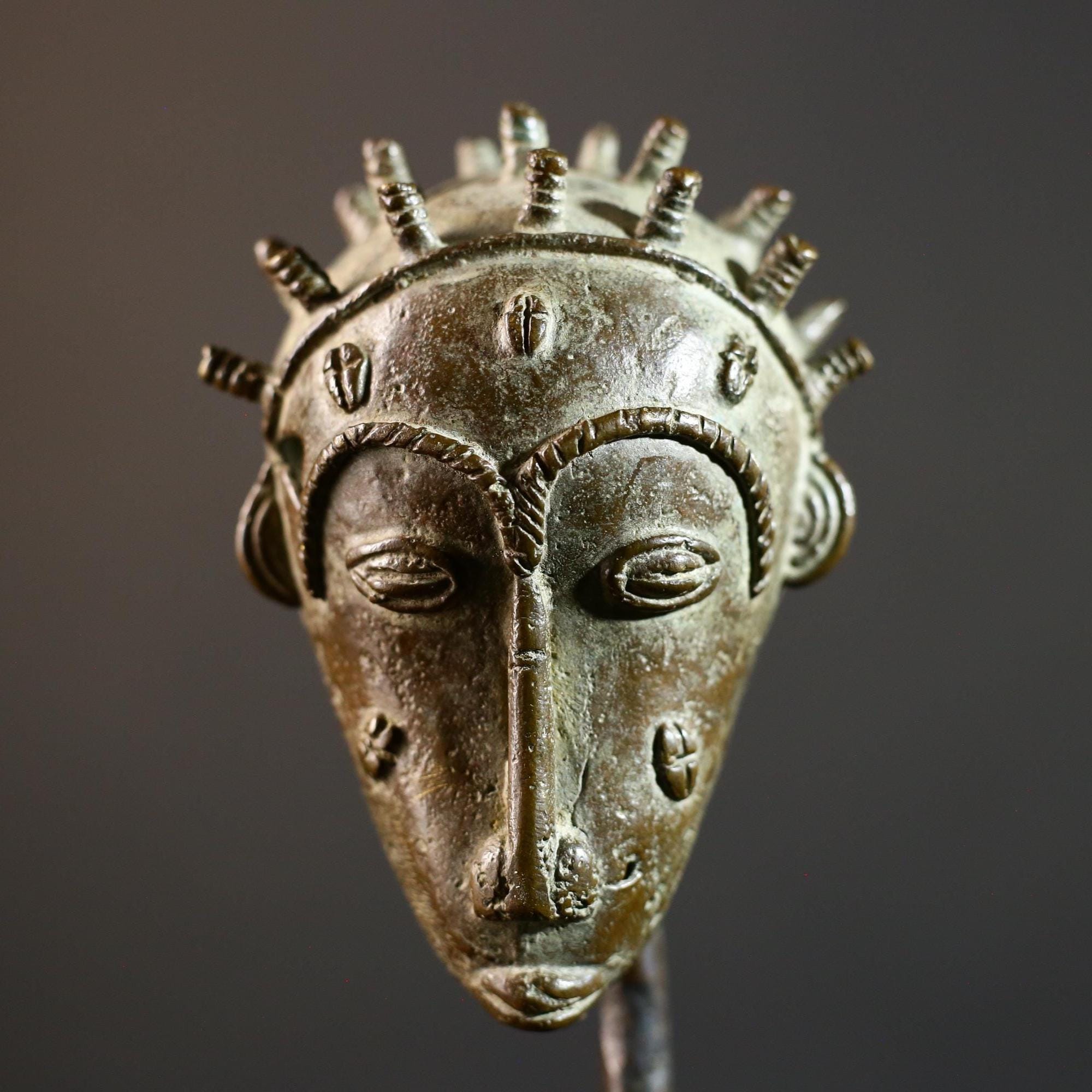African bronze tribal head sculpture Baule style spiked crown scarified face miniature handmade ethnic figure altar art patina decor-G5367