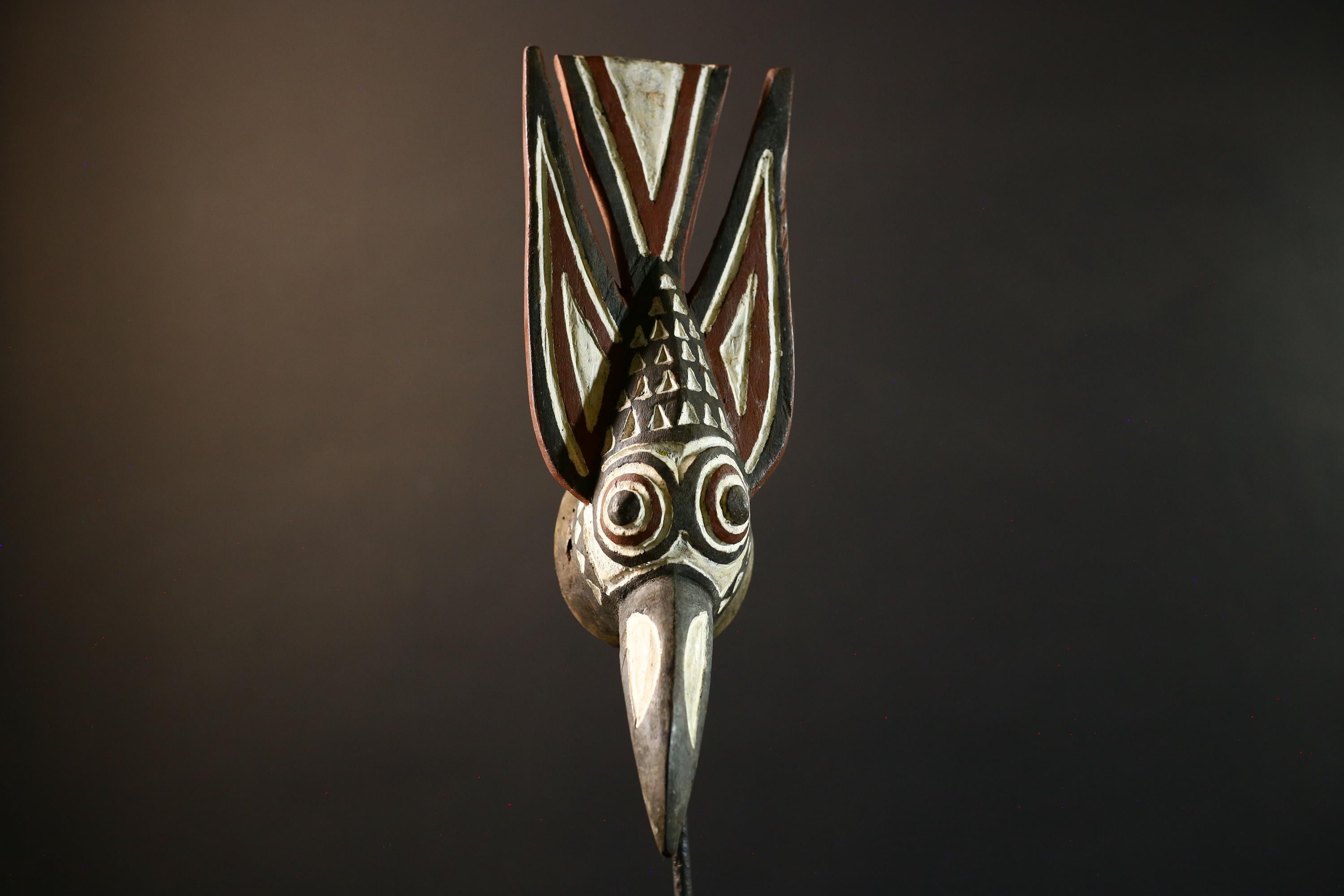 African Bwa bird mask tribal spirit wall decor long beak carving Burkina Faso handmade painted wood crest geometric symbolic figure-G5365