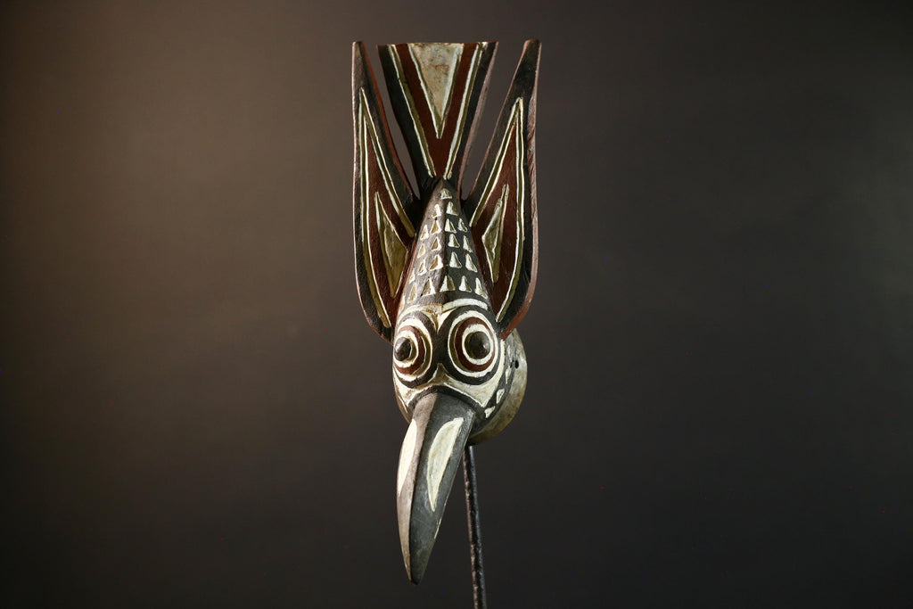 African Bwa bird mask tribal spirit wall decor long beak carving Burkina Faso handmade painted wood crest geometric symbolic figure-G5365