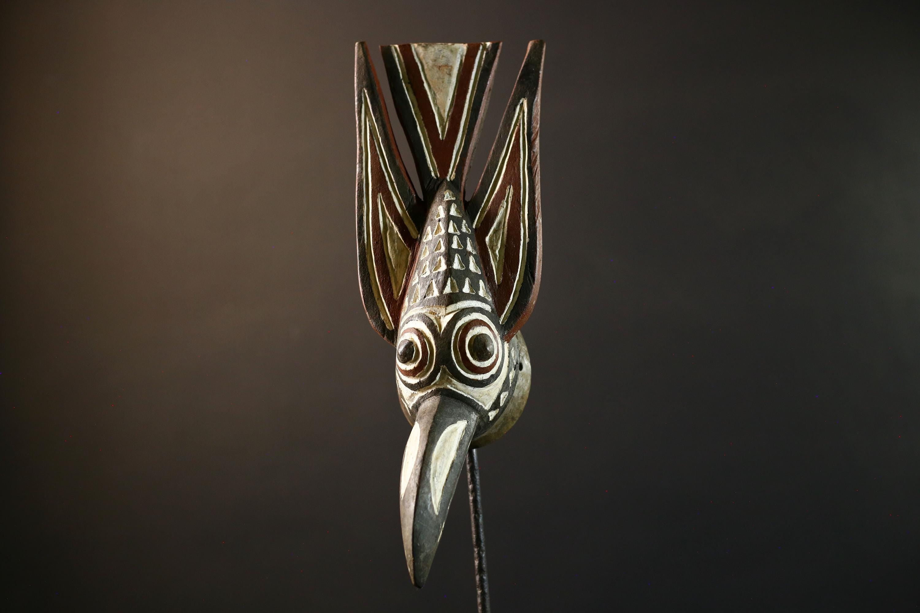 African Bwa bird mask tribal spirit wall decor long beak carving Burkina Faso handmade painted wood crest geometric symbolic figure-G5365