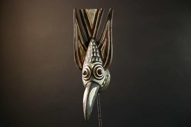 African Bwa bird mask tribal spirit wall decor long beak carving Burkina Faso handmade painted wood crest geometric symbolic figure-G5365