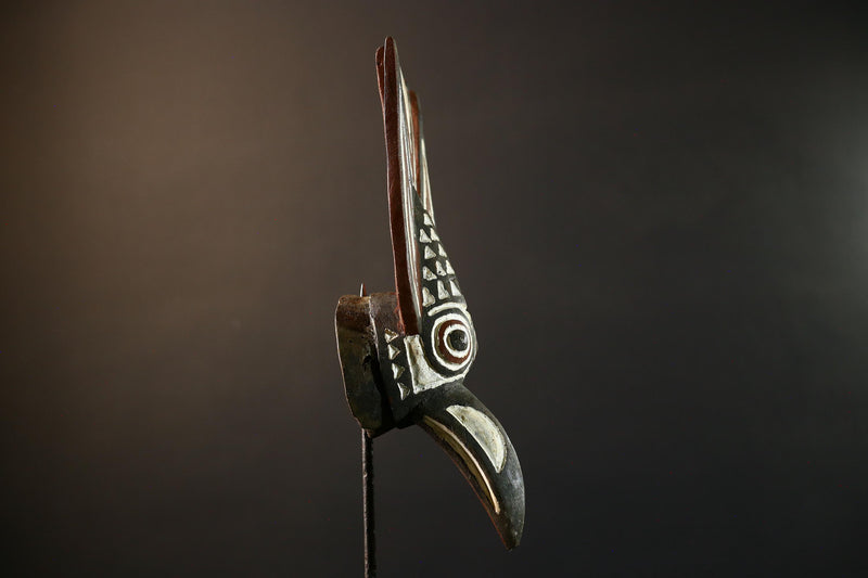 African Bwa bird mask tribal spirit wall decor long beak carving Burkina Faso handmade painted wood crest geometric symbolic figure-G5365