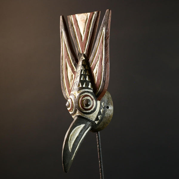 African Bwa bird mask tribal spirit wall decor long beak carving Burkina Faso handmade painted wood crest geometric symbolic figure-G5365