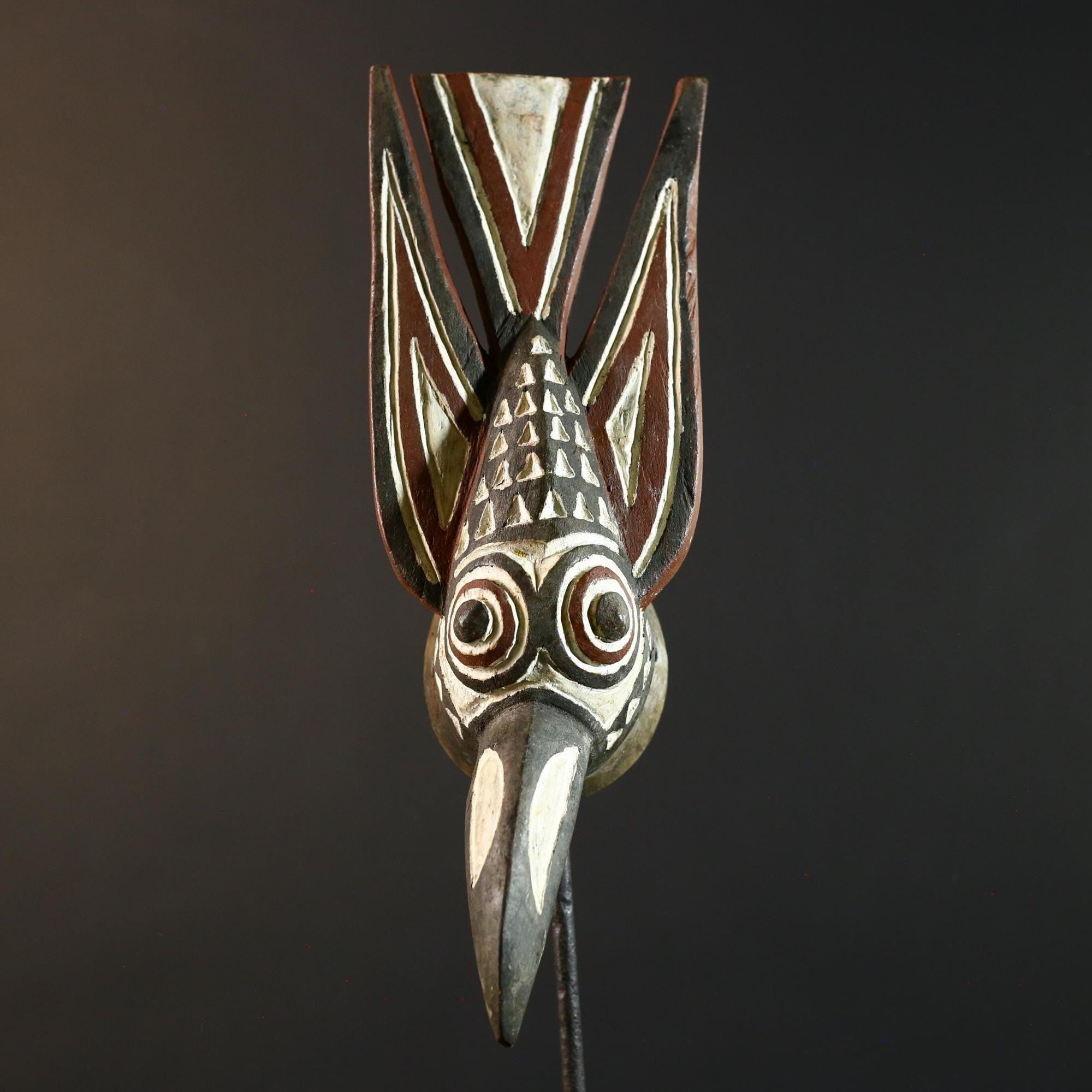 African Bwa bird mask tribal spirit wall decor long beak carving Burkina Faso handmade painted wood crest geometric symbolic figure-G5365