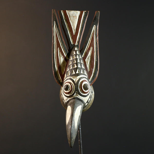 African Bwa bird mask tribal spirit wall decor long beak carving Burkina Faso handmade painted wood crest geometric symbolic figure-G5365