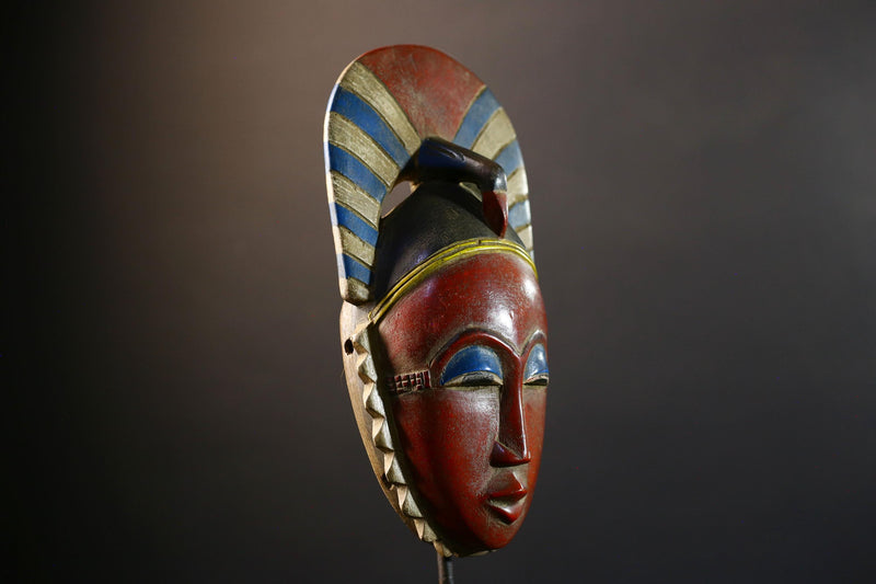 African Guro mask red face tribal wall decor carved wood art Côte d’Ivoire ceremonial spirit mask blue eyes horn crest handmade ethnic-G5364