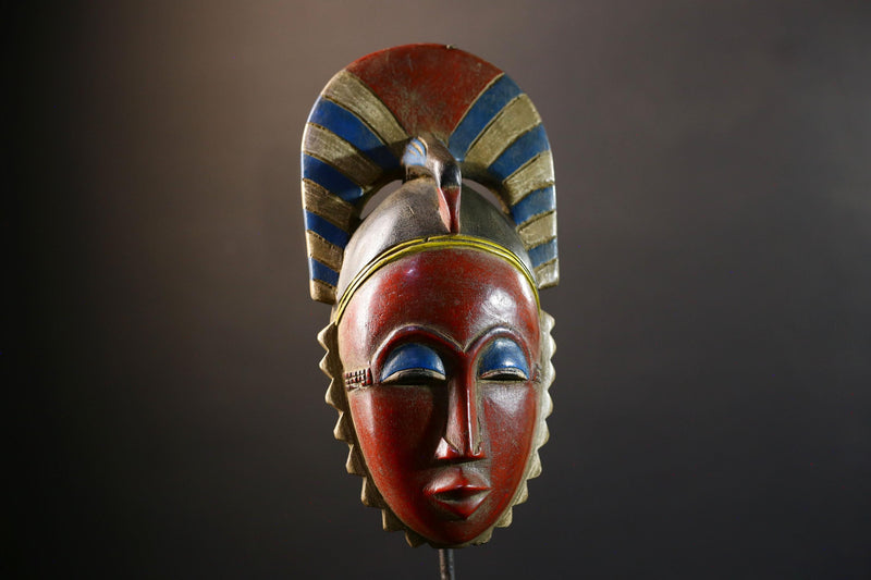African Guro mask red face tribal wall decor carved wood art Côte d’Ivoire ceremonial spirit mask blue eyes horn crest handmade ethnic-G5364