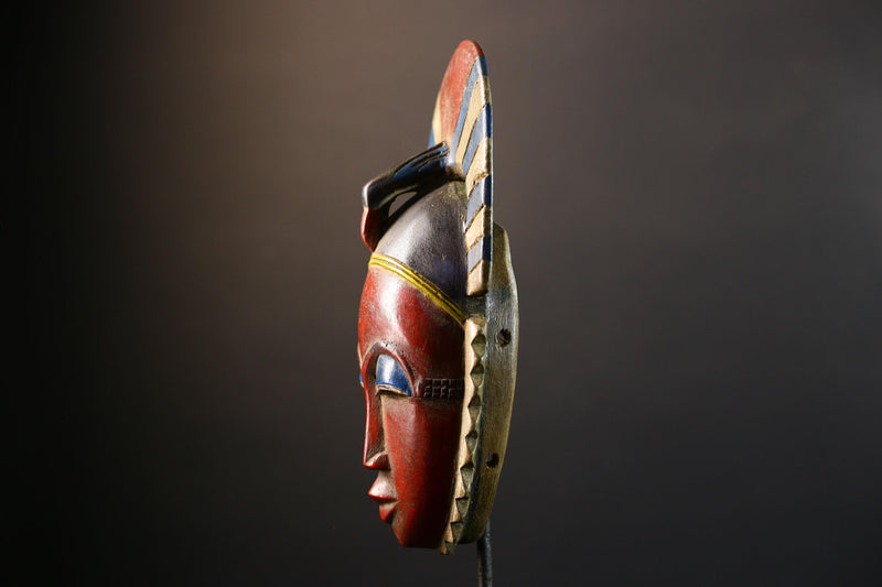 African Guro mask red face tribal wall decor carved wood art Côte d’Ivoire ceremonial spirit mask blue eyes horn crest handmade ethnic-G5364