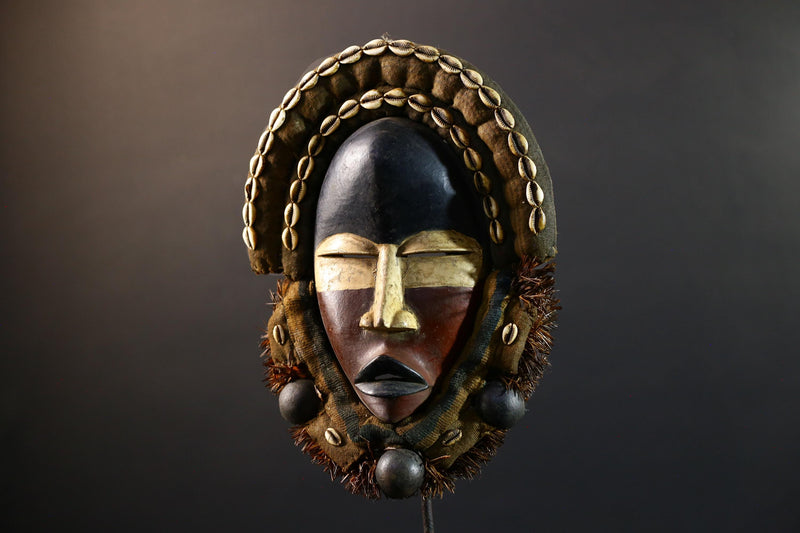 African Dan mask cowrie shell tribal wood wall decor spiritual carving fabric trim ritual mask handmade Côte d’Ivoire ethnic sculpture-G5360
