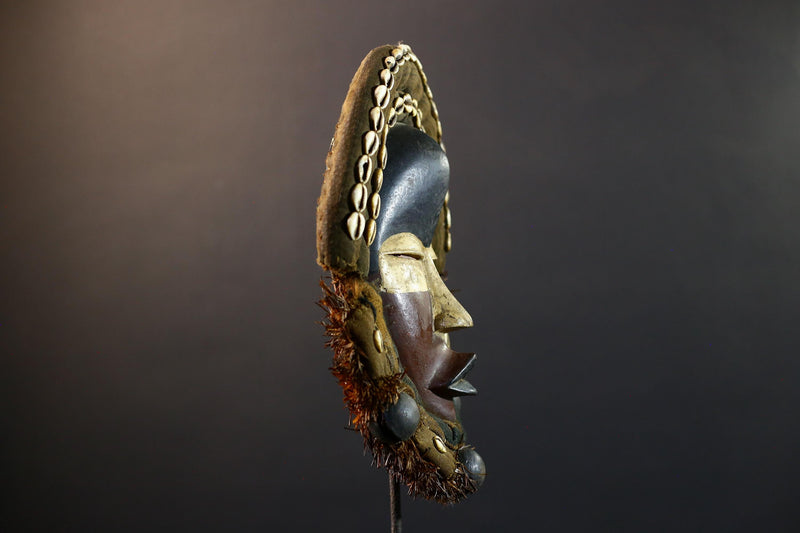African Dan mask cowrie shell tribal wood wall decor spiritual carving fabric trim ritual mask handmade Côte d’Ivoire ethnic sculpture-G5360