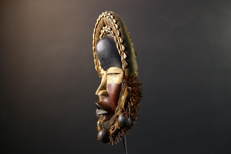 African Dan mask cowrie shell tribal wood wall decor spiritual carving fabric trim ritual mask handmade Côte d’Ivoire ethnic sculpture-G5360