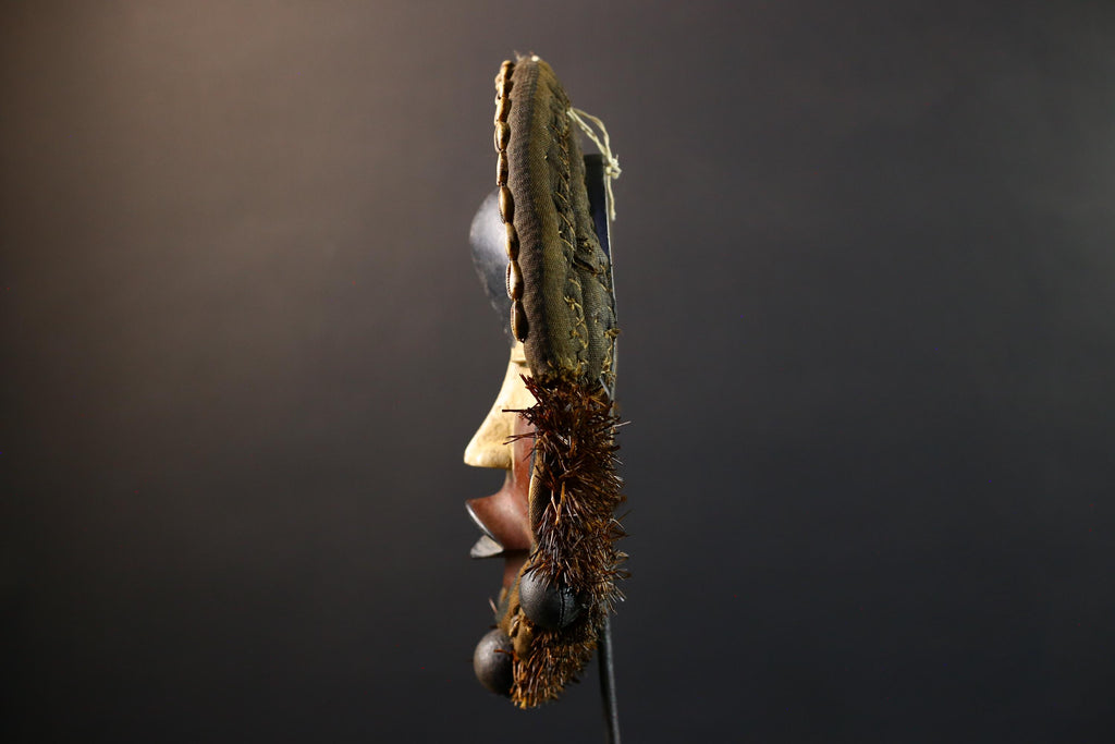 African Dan mask cowrie shell tribal wood wall decor spiritual carving fabric trim ritual mask handmade Côte d’Ivoire ethnic sculpture-G5360