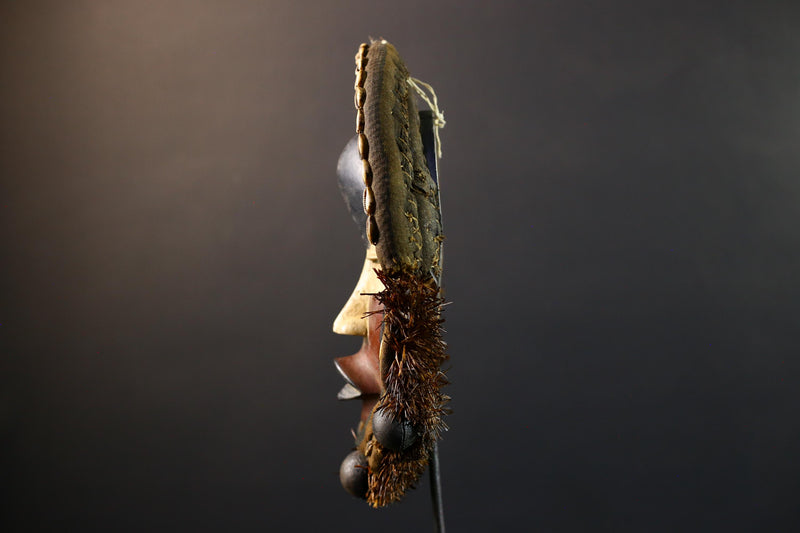 African Dan mask cowrie shell tribal wood wall decor spiritual carving fabric trim ritual mask handmade Côte d’Ivoire ethnic sculpture-G5360