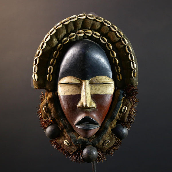 African Dan mask cowrie shell tribal wood wall decor spiritual carving fabric trim ritual mask handmade Côte d’Ivoire ethnic sculpture-G5360