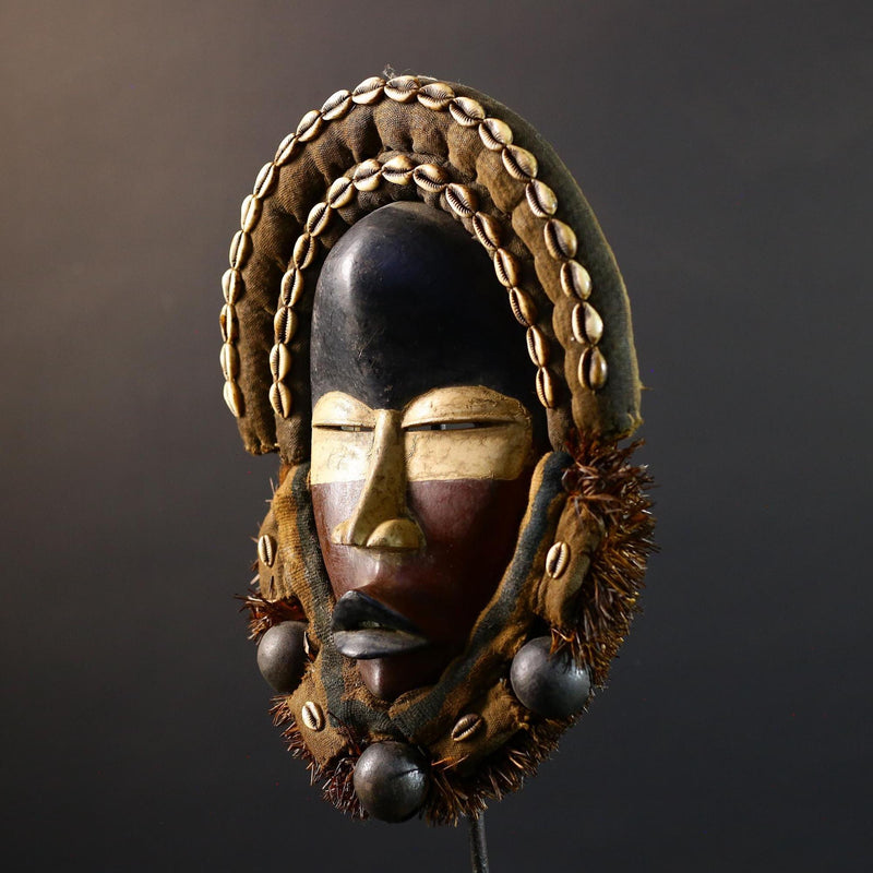 African Dan mask cowrie shell tribal wood wall decor spiritual carving fabric trim ritual mask handmade Côte d’Ivoire ethnic sculpture-G5360