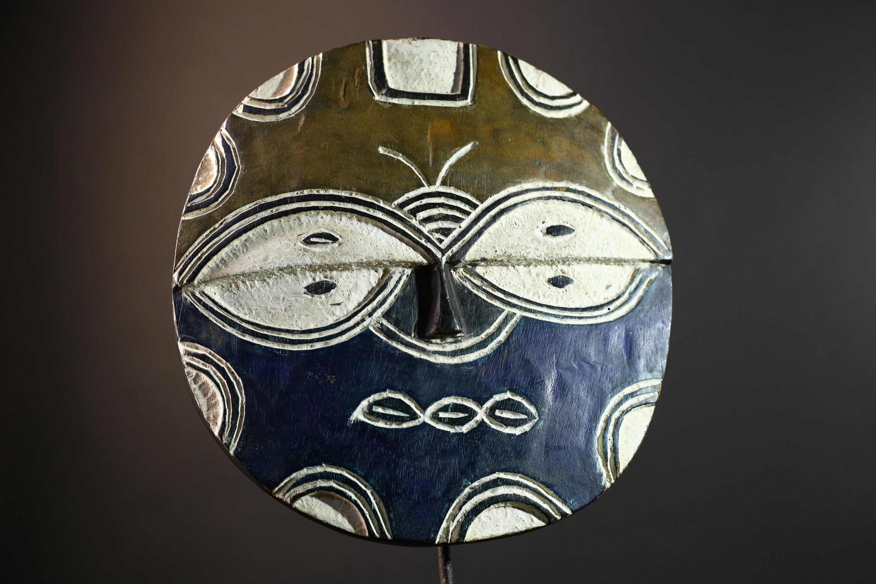 African wall decor, Bwa tribal mask, Burkina Faso plank mask, butterfly spirit wall art, carved wood circle mask, cultural home accent-G5380