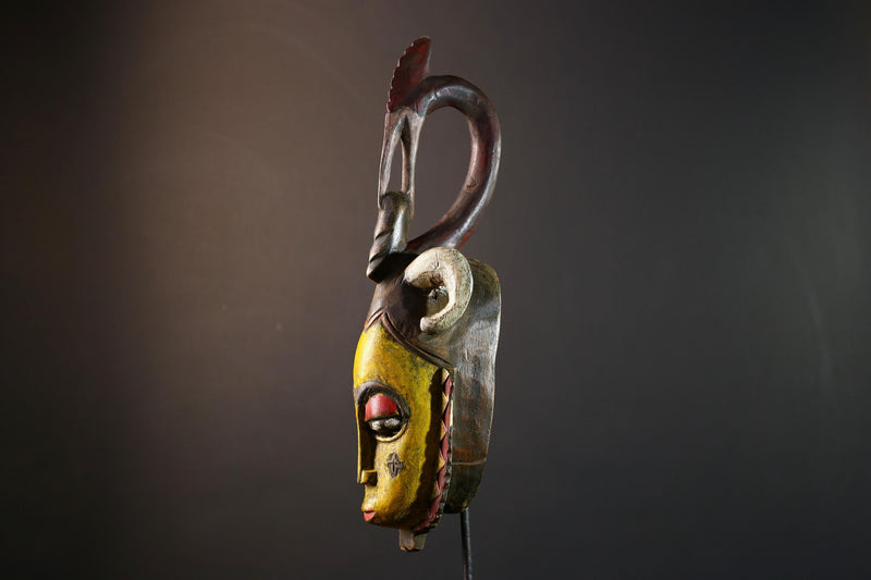 Tribal wall mask, yellow face carving, Yaure African art, funeral spirit decor, hand carved wall piece, cultural face sculpture-G5381