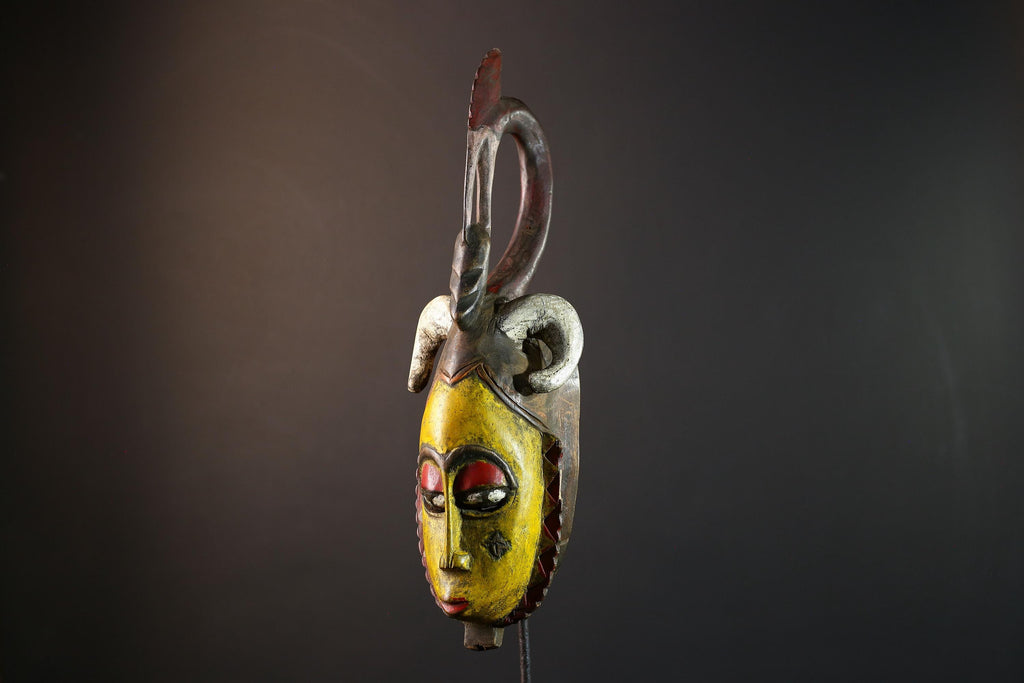 Tribal wall mask, yellow face carving, Yaure African art, funeral spirit decor, hand carved wall piece, cultural face sculpture-G5381