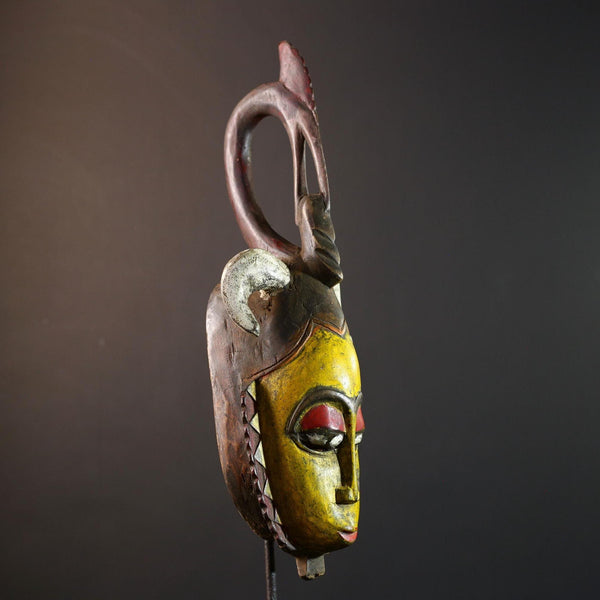 Tribal wall mask, yellow face carving, Yaure African art, funeral spirit decor, hand carved wall piece, cultural face sculpture-G5381