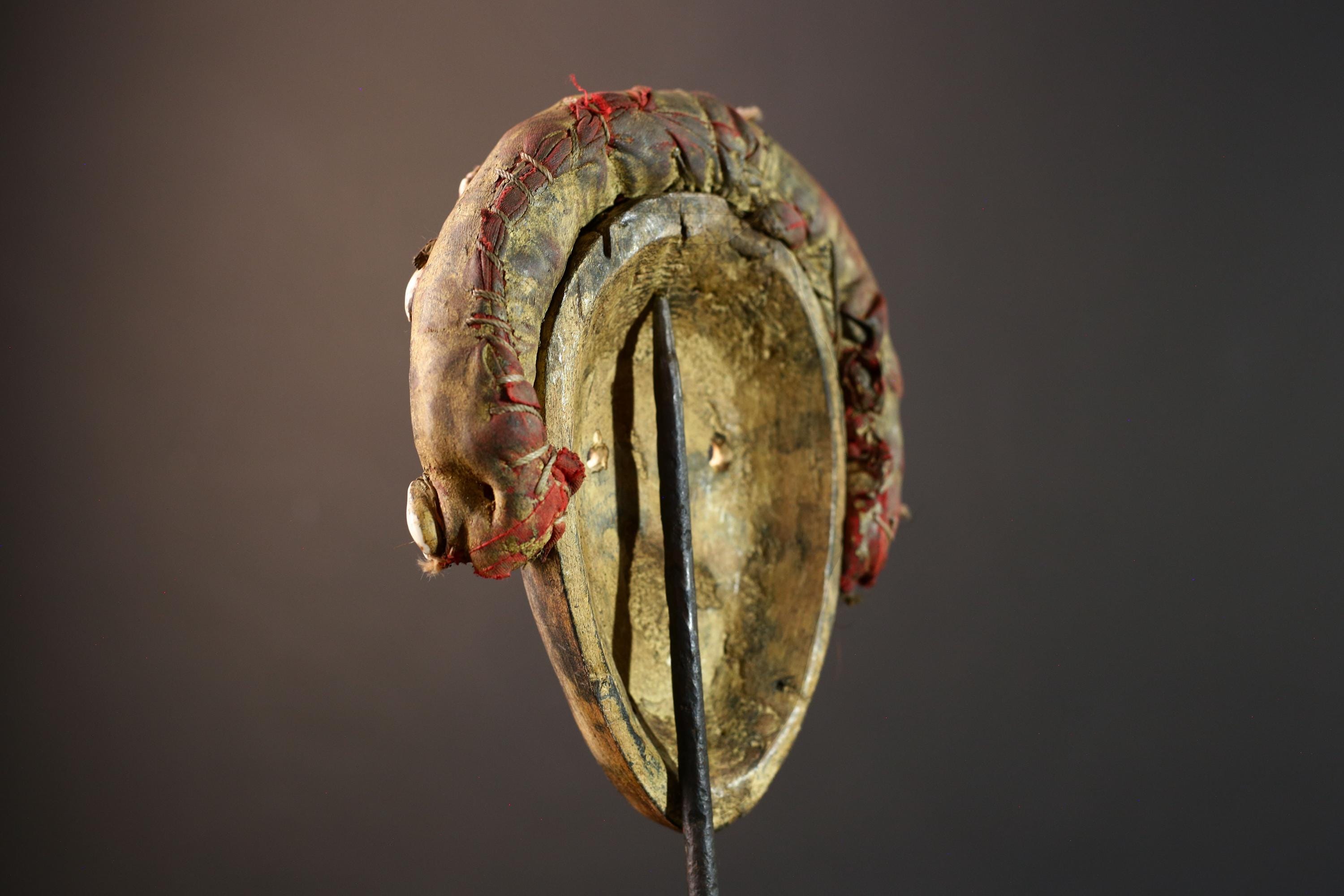 African mask wall art, Dan tribal face, cowrie shell ritual mask, carved wood mask decor, ancestral forest spirit, ethnic wall hanging-G5382