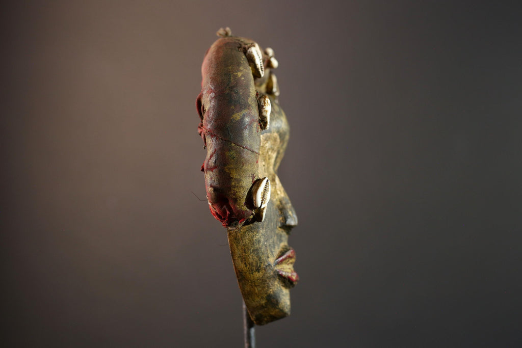 African mask wall art, Dan tribal face, cowrie shell ritual mask, carved wood mask decor, ancestral forest spirit, ethnic wall hanging-G5382